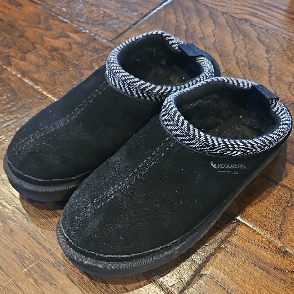 Koolaburra Black Suede Slip-Ons with Patterned Trim
